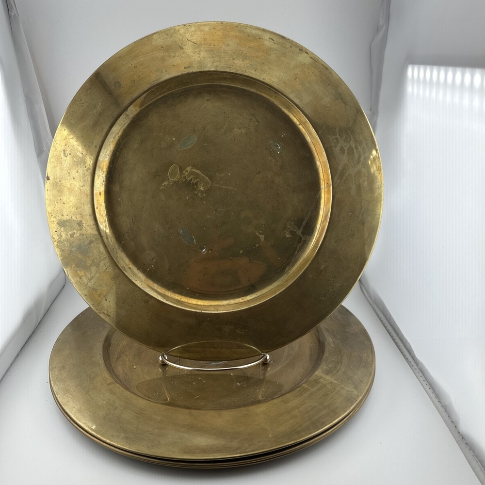 Lot of 4 Vintage Solid Brass Charger Plates 12" Large Round Dinner Plates Heavy